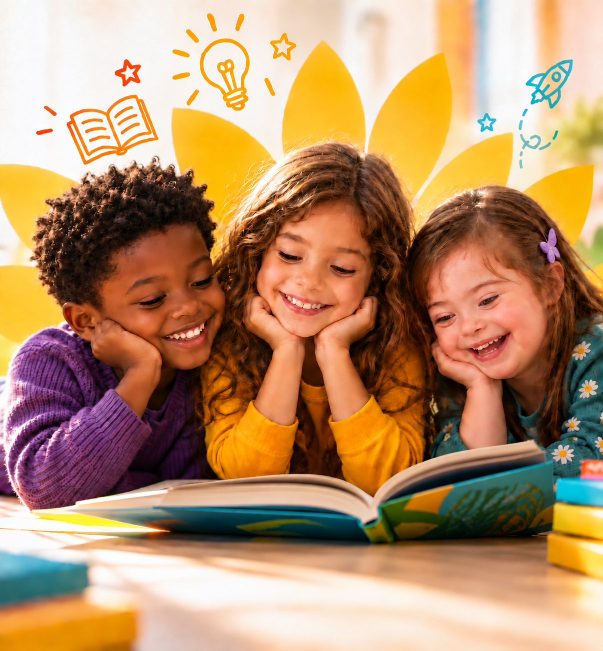 Três crianças sorrindo e lendo um livro juntas, em uma cena acolhedora de inclusão e diversidade.